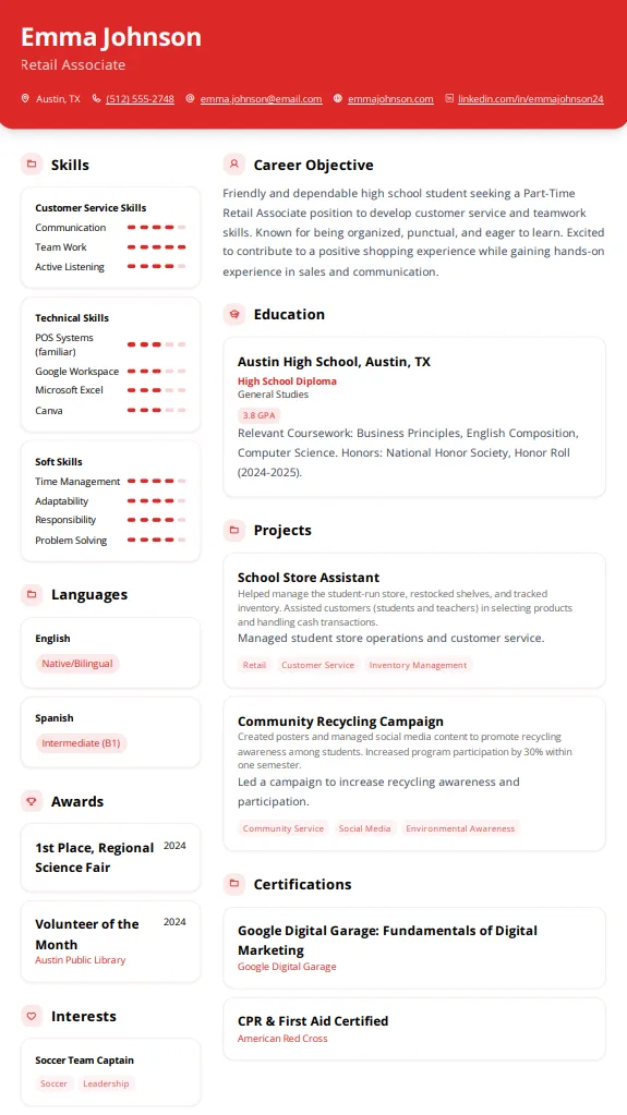 Exemple de CV de lycéen pour poste d'associé de vente au détail avec compétences, éducation et certifications